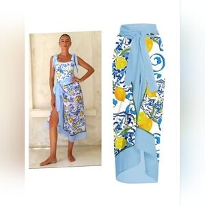 Lemon Print Blue and White Women's Swim Sarong